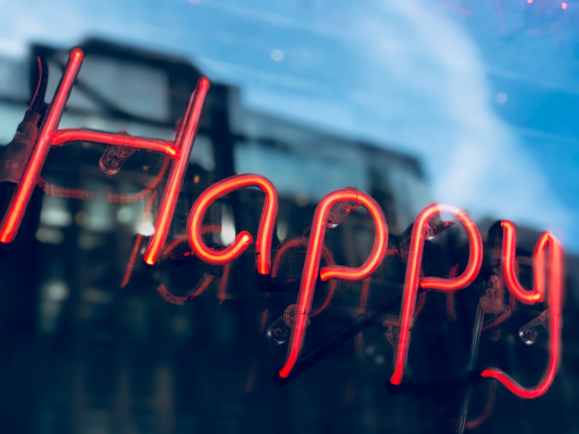 A neon sign with the word happy to demonstrate the topic of the blog.