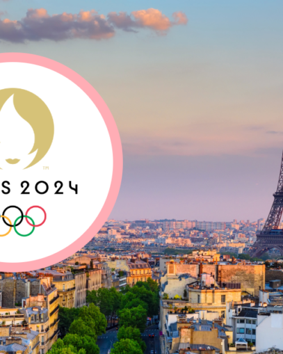 photo of paris with the eiffel tower and the paris olympics logo over it