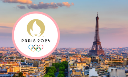 photo of paris with the eiffel tower and the paris olympics logo over it