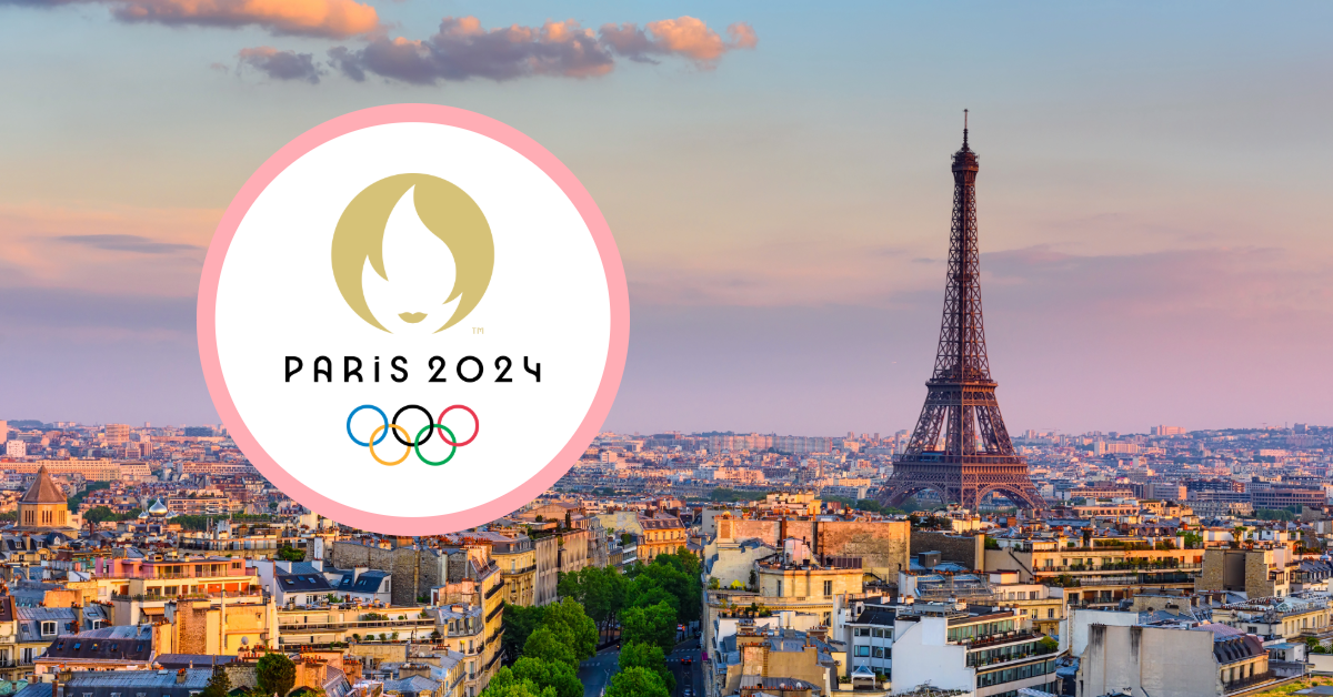 photo of paris with the eiffel tower and the paris olympics logo over it